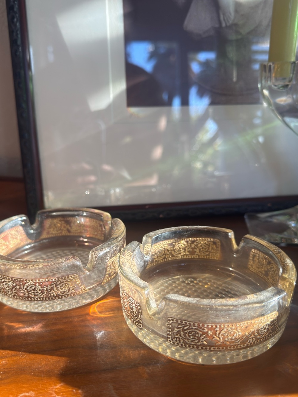 Vintage Glass Ashtray Pair with Gold Accent